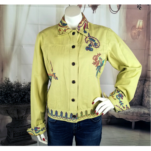 Coldwater Creek Lime Embroidered Denim Jacket Sz S - Picture 2 of 8